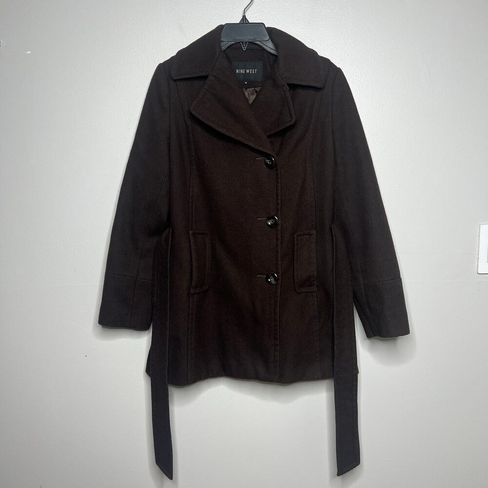 Women's Brown Wool Blend Belted Peacoat Size 6 Coat Jacket Collar Button Front